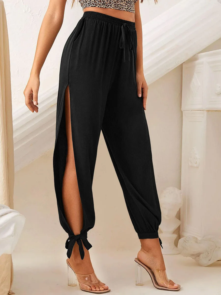 Women's High Waist Black Linen-Like Slit Pants Elastic Waist Loose Harem Trousers Summer Boho Beach Tie Leg Cuff Pants