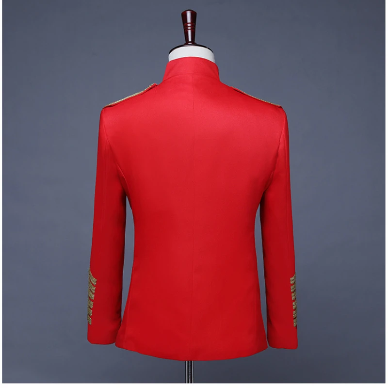 2025 Fashion Mens Military Dress/suit Jacket,bar Nightclub DJ Black and Red with Metal Chain European Court Performance Clothing