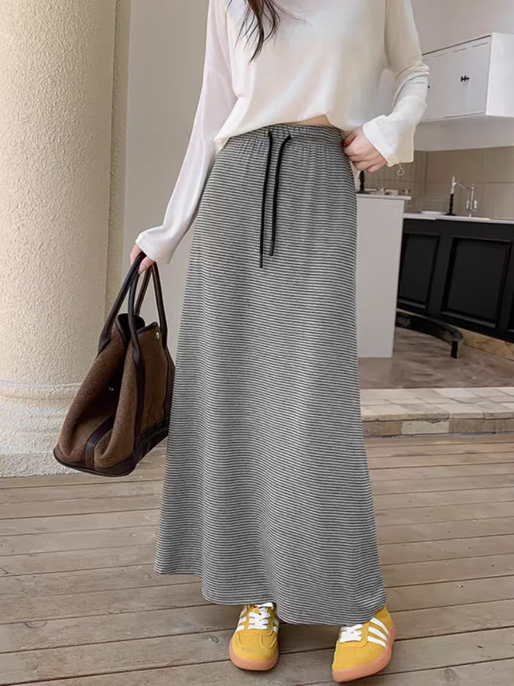 

Серые полосатые юбки-миди для женщин, трапециевидной формы с завязками на талии, повседневная утягивающая осенне-весенняя юбка с высокой талией