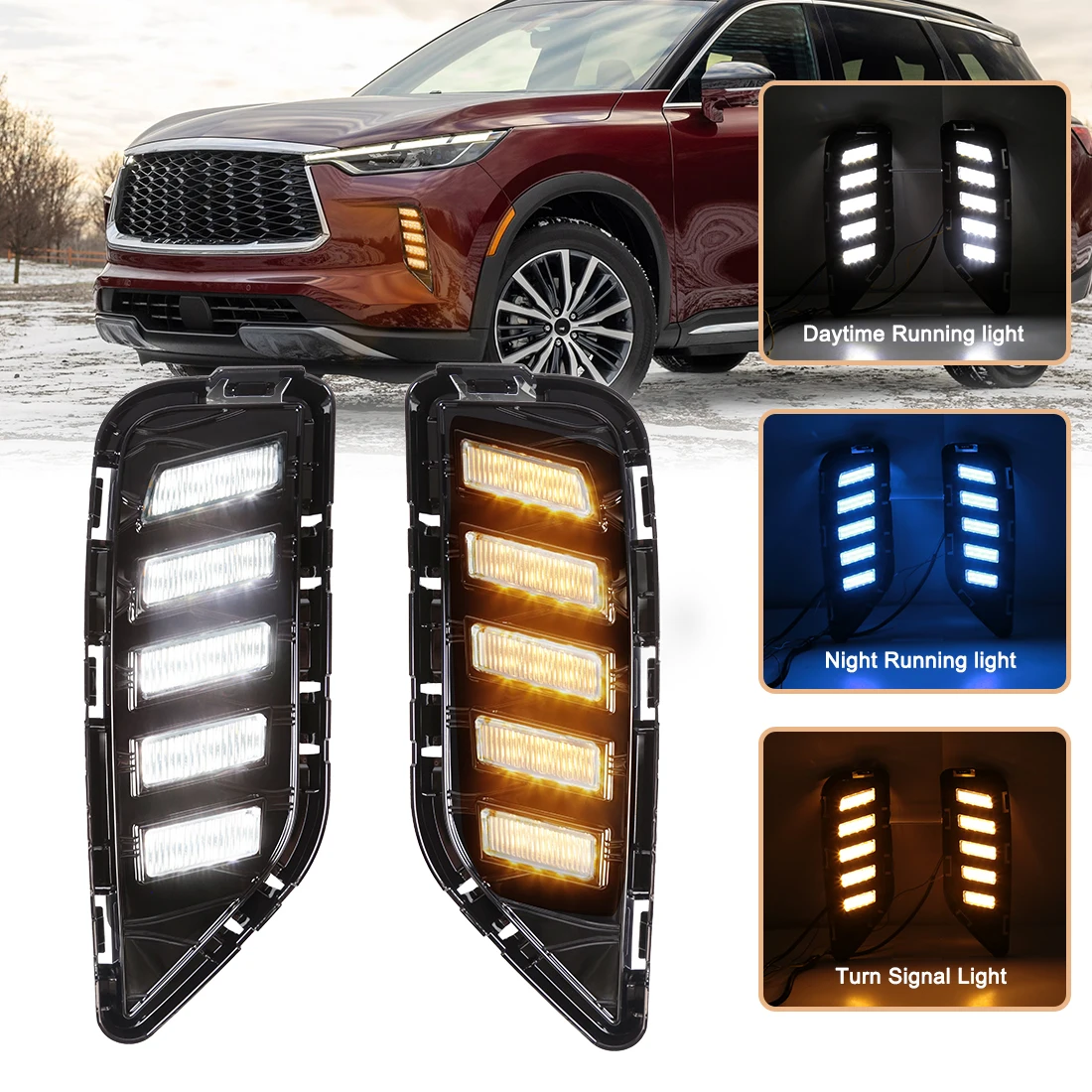 

LED DRL For Nissan Infiniti QX60 2022 2023 2024 Daytime Running Light White Yellow Blue Dynamic Turn Signal Lamp Headlights 12V