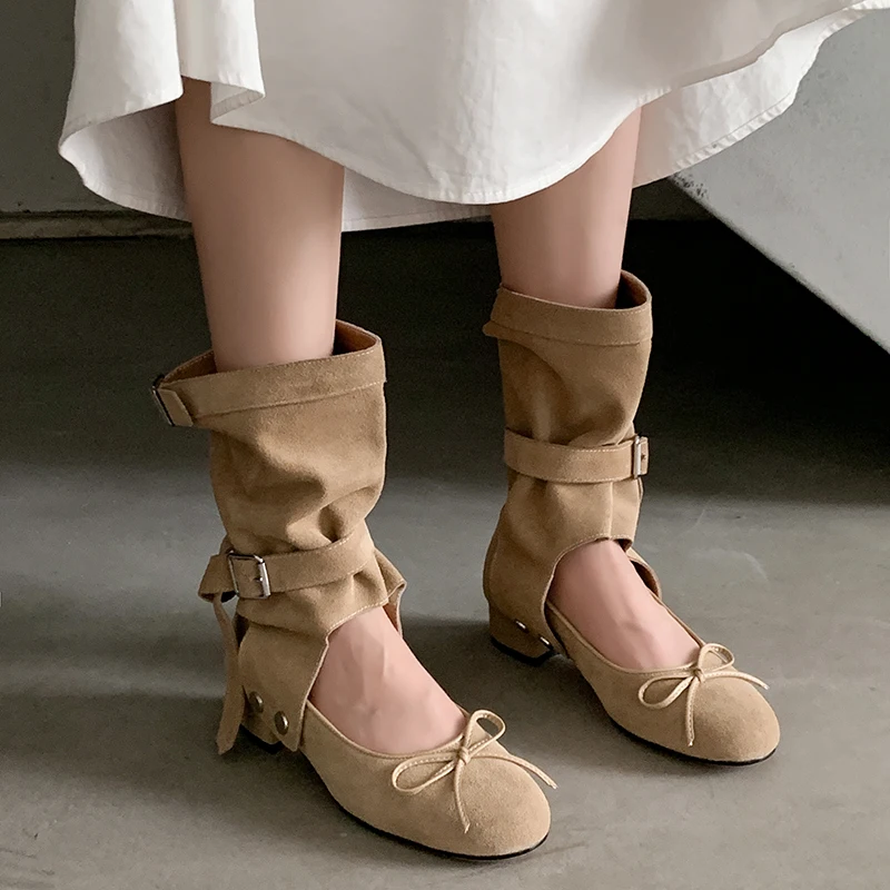 

Mid-Calf Boots Women Suede Bow Detail Stacked Heel Perforated Summer Bohemian Dressy Handmade Boots