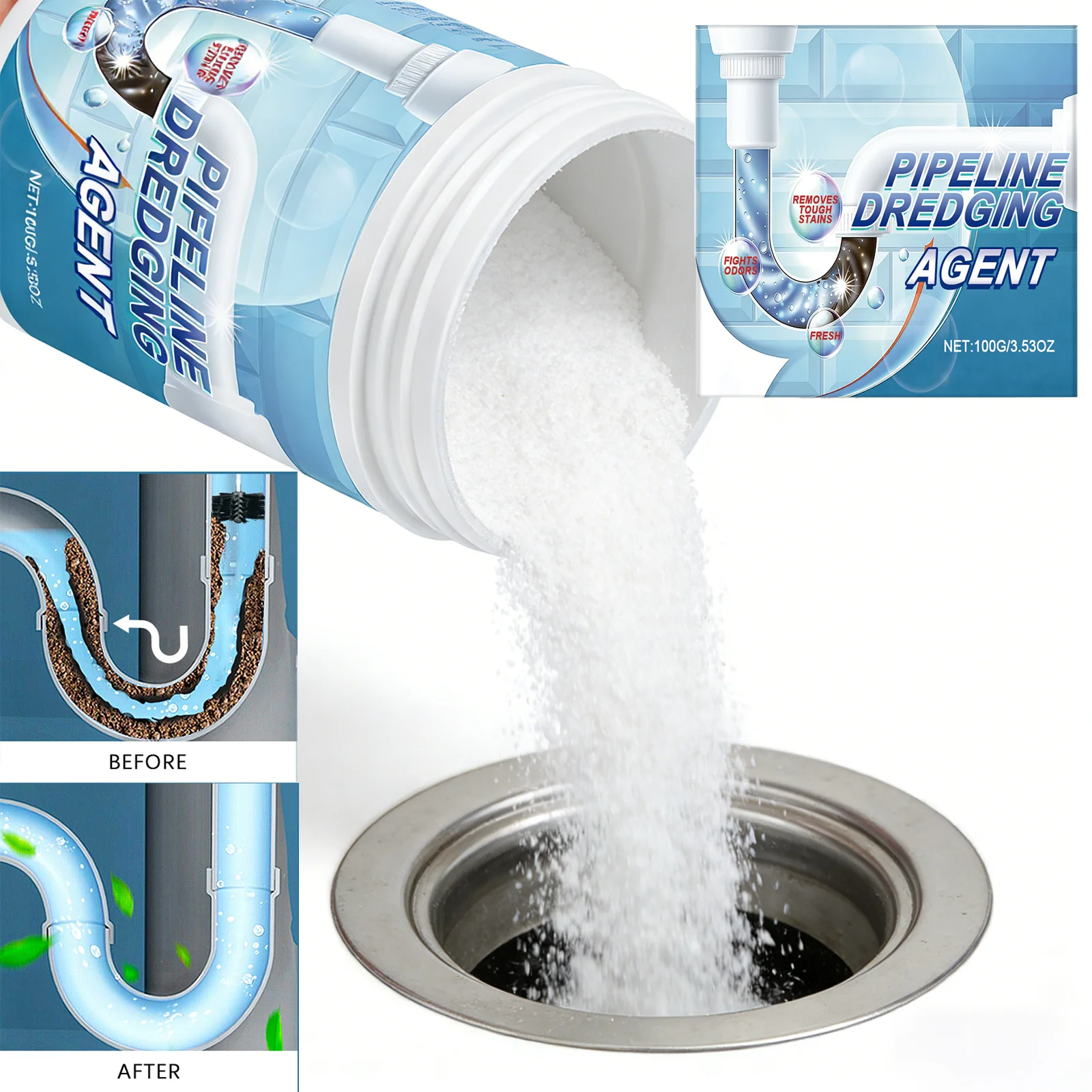 Drain Unblocker Powder 100g Septic Tank Safe Formula Removes Hair Clogs Grease Build Up Prevents Odors Cleans Pipes Deeply
