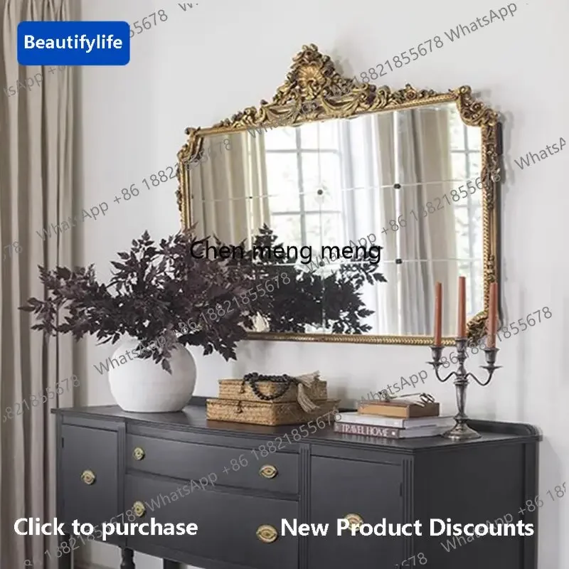 CC 45French bathroom mirror retro solid wood carving flower porch decorative wall hanging makeup mirror European mirror