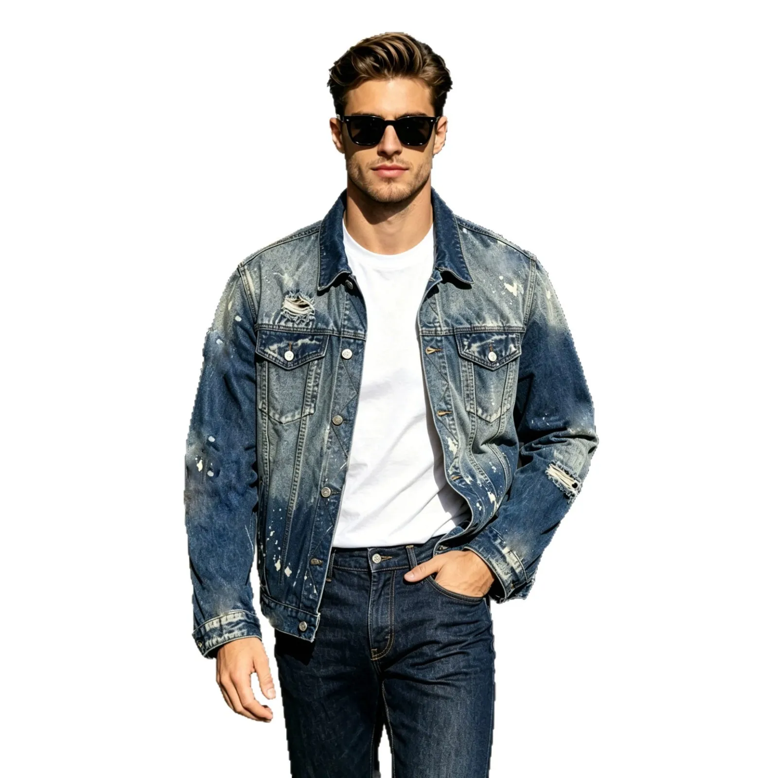 Men's denim jacket high-end sense ruffian handsome trend washing water hole slim jacket