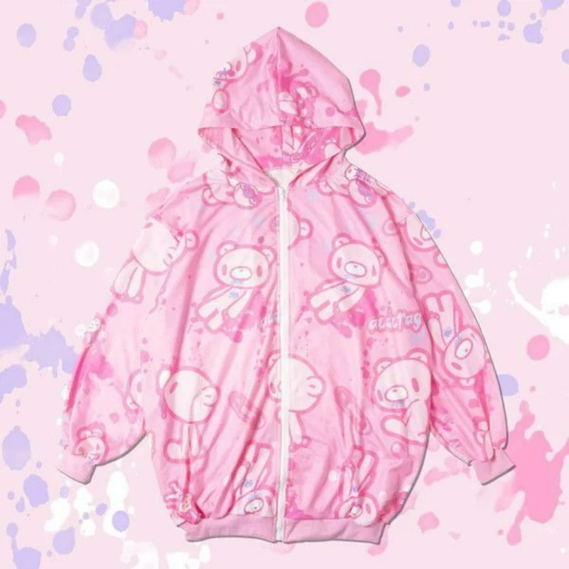 Japanrse Y2k Aesthetic Hoodies Women Kawaii Cartoon Printed Bear Long Sleeve Jacket Subculture Graffiti Loose Grunge Hooded Coat