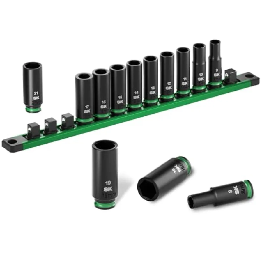 

3/8" Drive Impact Socket Set, Deep Metric Sockets, 13-Piece 8 to 21mm, Premium CR-MO Steel, SureGrip 6 Point Design, with Alumi