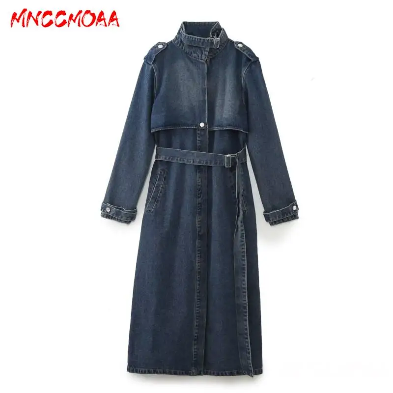 

MNCCMOAA 2023 Autumn Women Fashion Loose Lace Up Denim Trench Coat Female Solid Color Casual Long Sleeve Pockets Outerwear