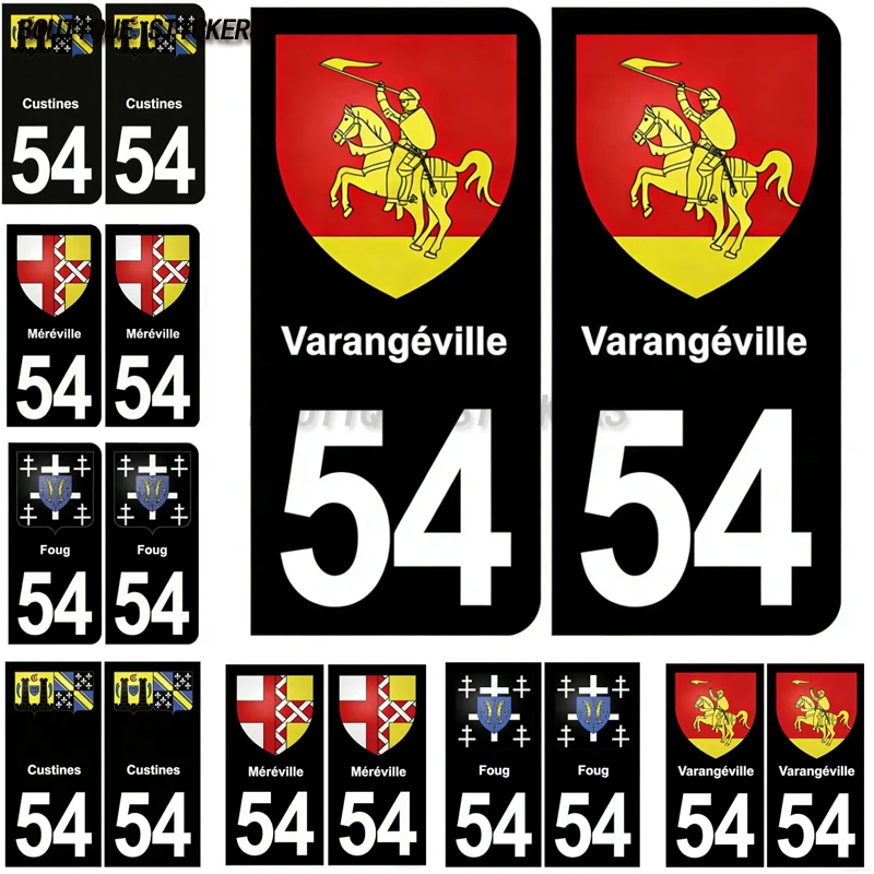 2Pcs Autocollant plaque d'immatriculation française noir bleu 54 Varangéville-Foug-Méréville-Custines blason PVC pour voiture