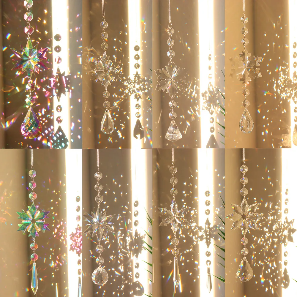 Snowflake Suncatcher crystal Hanging Crystal Pendant Wind Chimes Crystal Chain for Window Christmas Tree Home Garden Decoration