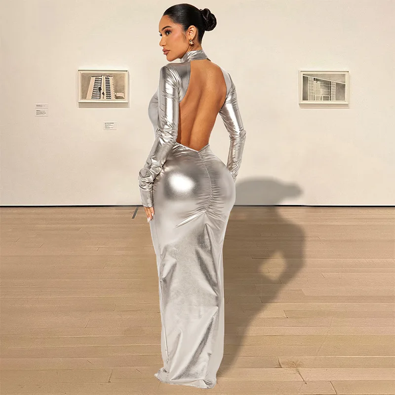 Metallic Color Sexy Backless Slim Fit Dress Women's Mid-Length Bodycon Gown Long Sleeve Casual Elegant Cross-Border Fashion