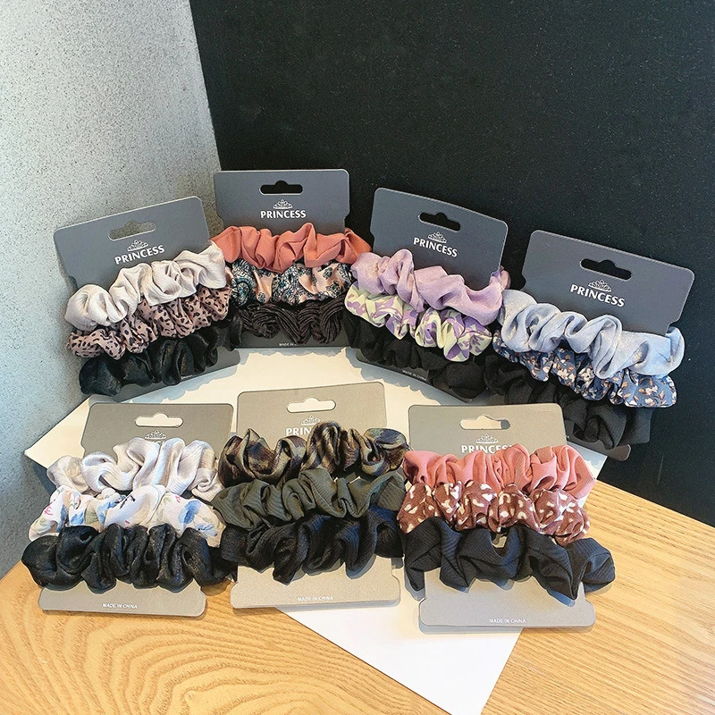 3Pc/set Printed Leopard Scrunchie Set Elastic Hair Rubber Bands Solid Floral Hair Rop For Women Girls Ponytail Holder Headwear