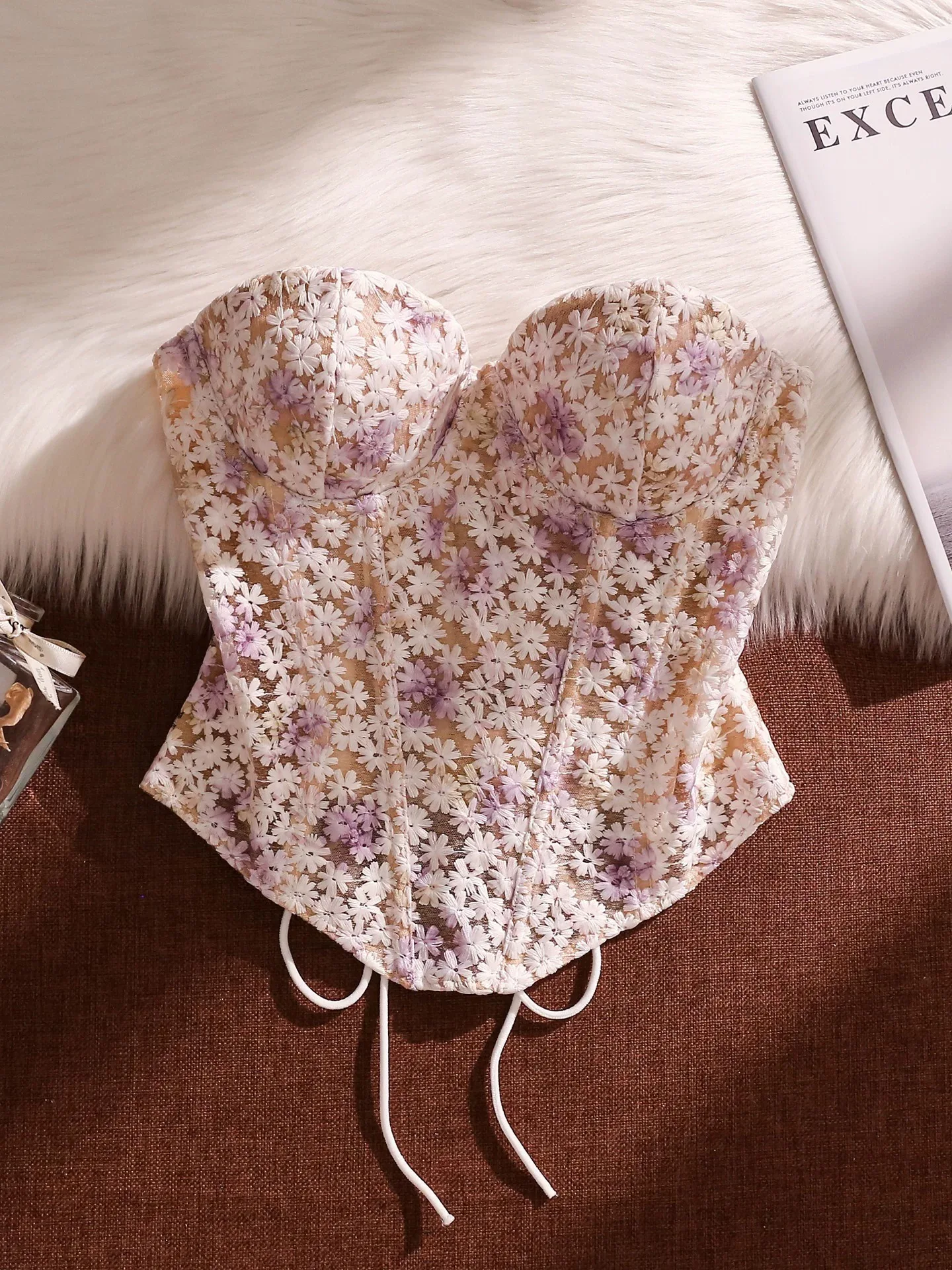 

Sweet lace ombre small floral embroidered tube top corset, summer lace-up hot girl corset, wedding and banquet attire.