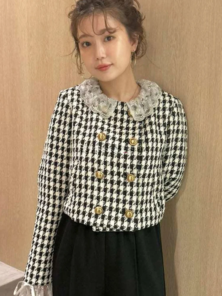 Sweet Style Velvet Jacket Short Coat Double Row Buttons Lace Collar Ladies Loose Fit Polyester Fiber Long Sleeve Pure Color