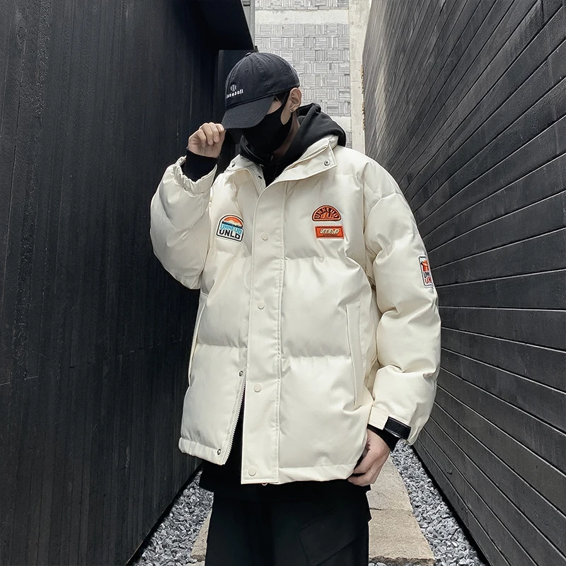Chaqueta de carreras de cuero PU con cuello alto, Parkas de algodón cálidas y sueltas, marca de moda americana, gruesa, tendencia Ins, Invierno