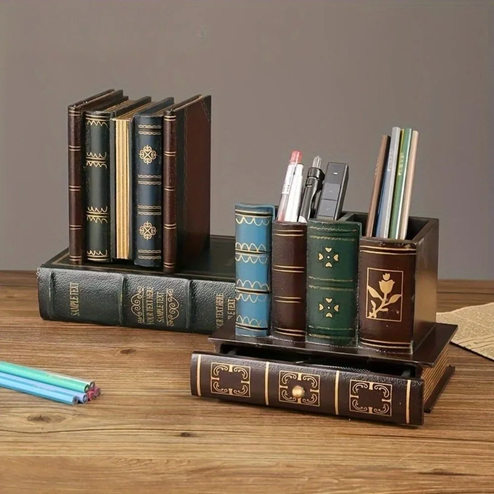 Vintage Book Shaped Pen Holder Retro Wooden Desk Organizer Office Desktop Stationery Storage Study Room Home Decor Teacher Gift