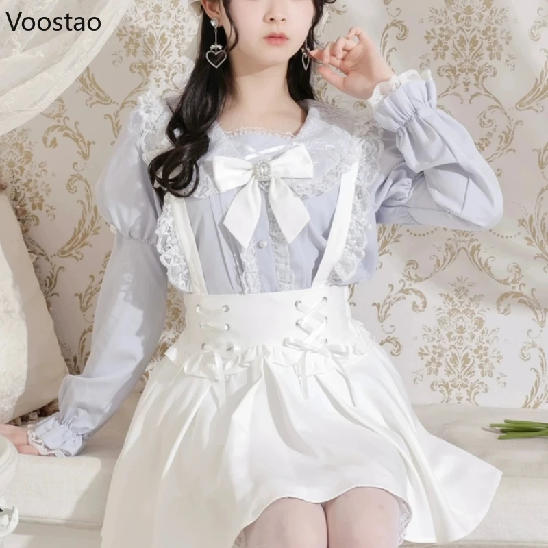 Japanese Gothic Lolita Shirt Women Harajuku Jirai Kei Bow Long Lantern Sleeve Blouses Y2k Aesthetic Elegant Sweet Clothes Tops