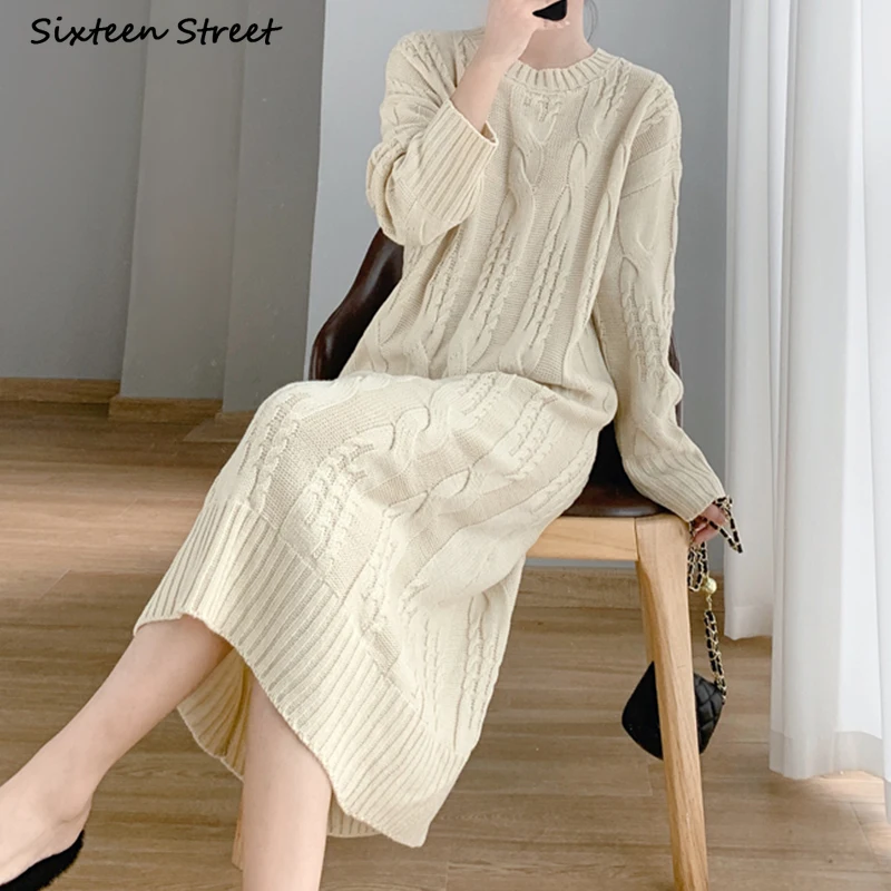 

2022 Apricot Twist Sweater Dress for Women Winter A-line Oversized Long Knitted Dress Ladies Autumn Loose Thicken Knitwear