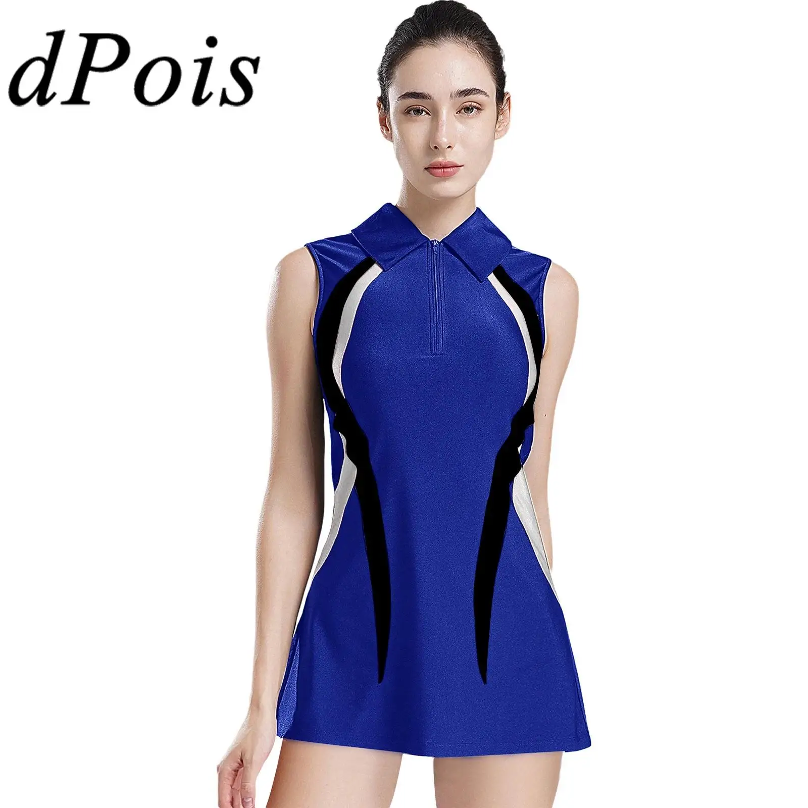 

Women's Tennis Sports Dresses Sleeveless Zipper Turn-Down Collar Contrast Color Golf Dress for Badminton Athletic Sportwear