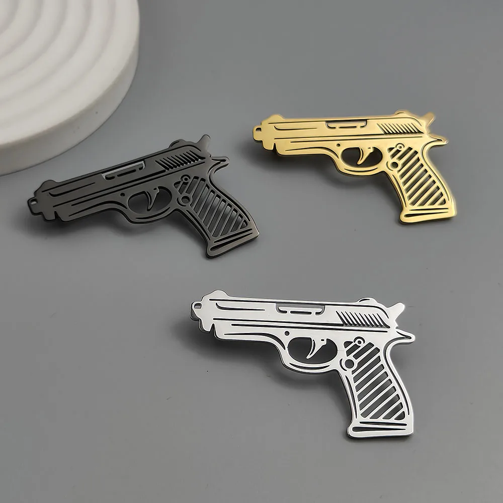 316L Stainless Steel Plated 18K Gold Handgun Outline Hollow‑Out Brooch Lapel Pin for Jacket Backpack Unisex Jewelry Gift