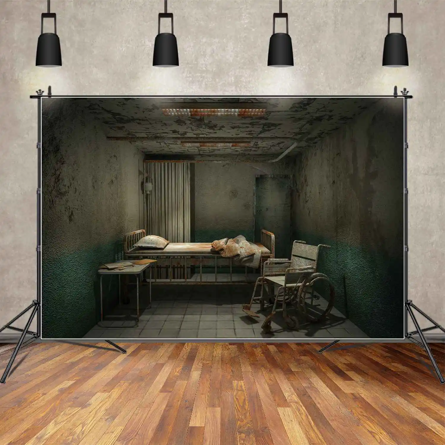 Moon. qg Hintergrund Halloween Krankenhaus zimmer stationäre Station Foto kabine Hintergrund ungepflegte Krankenbett Rollstuhl Vorhang Dekorationen