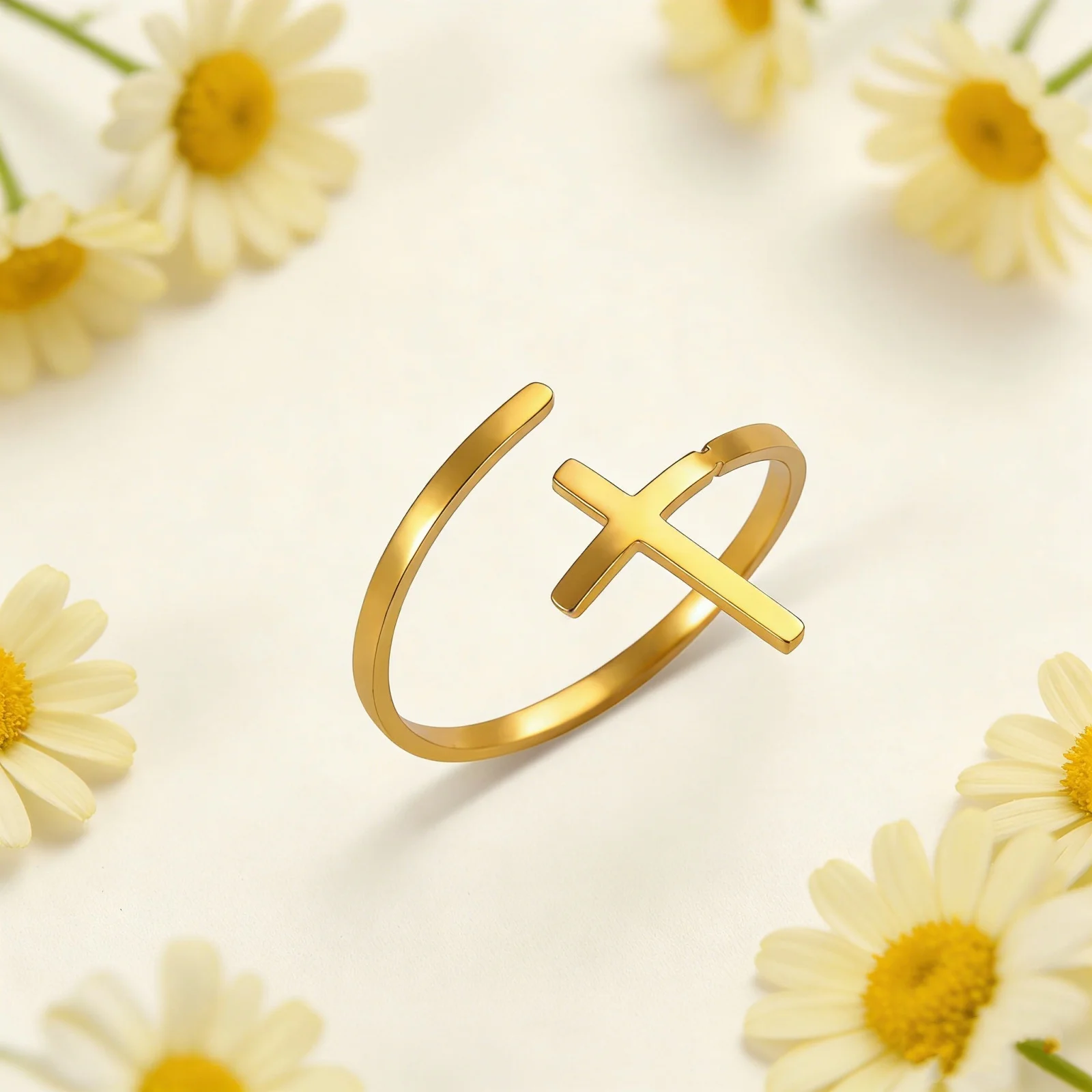 Kreuz-Fingerring, größenverstellbar, christliches übernatürliches Amulett, goldfarben, Edelstahl-Schmuck, Trendgeschenk für Mann und Frau