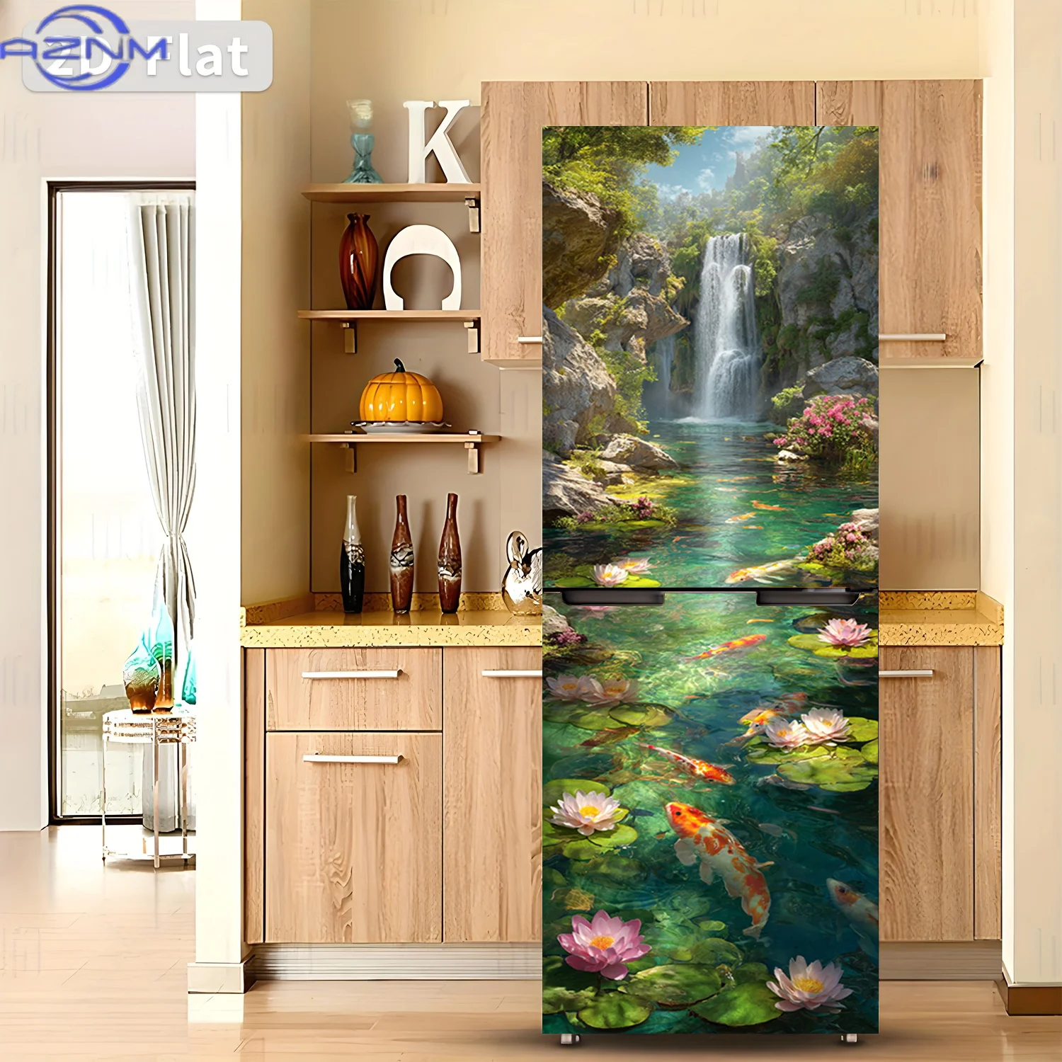 1pc of Refrigerator Sticker, , Featuring a Koi Waterfall Pond Design, Self-Adhesive Wall Decoration Wallpaper Suitable for Cab