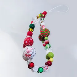 Christmas Mobile Phone Charm Strap Chain Lanyard Cute Red Blue Wood Acrylic Bead Jewelry Women Girl Wristlet Keychain Gifts