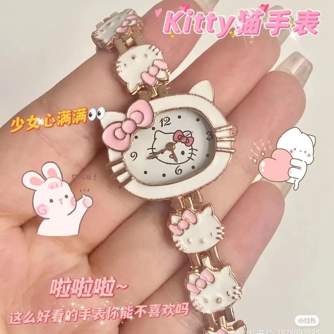 Japanese Cute KT Cat Cartoon Pink Pointer Watch Sweet Soft Sister Bow Student Female Watch  anime