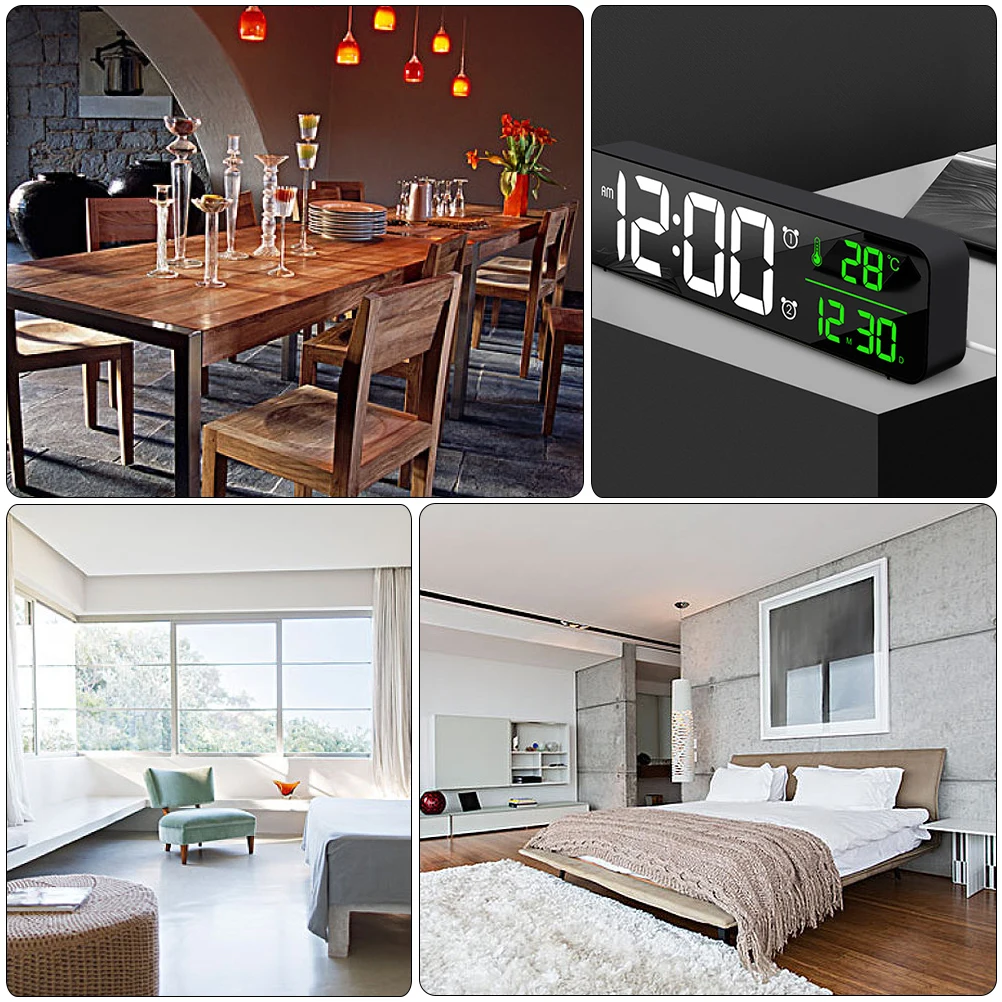 

Digital LED Alarm Clock Brightness Adjustment 24H 12H Display Temperature Time Date Glow Black Office Decor Night Light Bedside