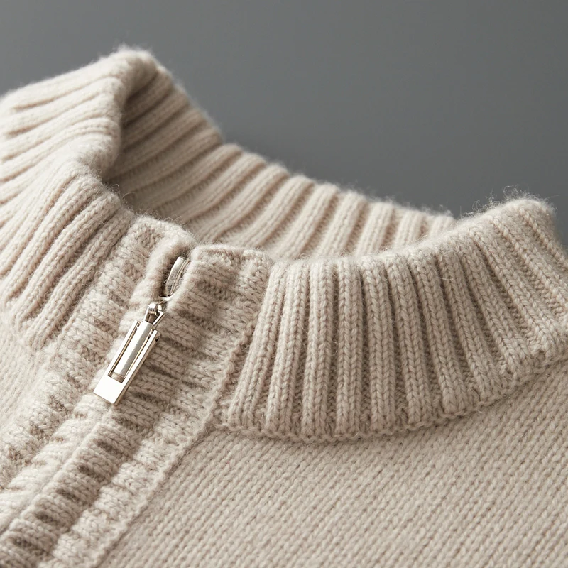 CHICUU Autumn Winter Thick Men's 100% Cashmere Sweater Mock Neck Zipper Pullover Smart Casual Long Sleeve Cashmere Knitwear  Top