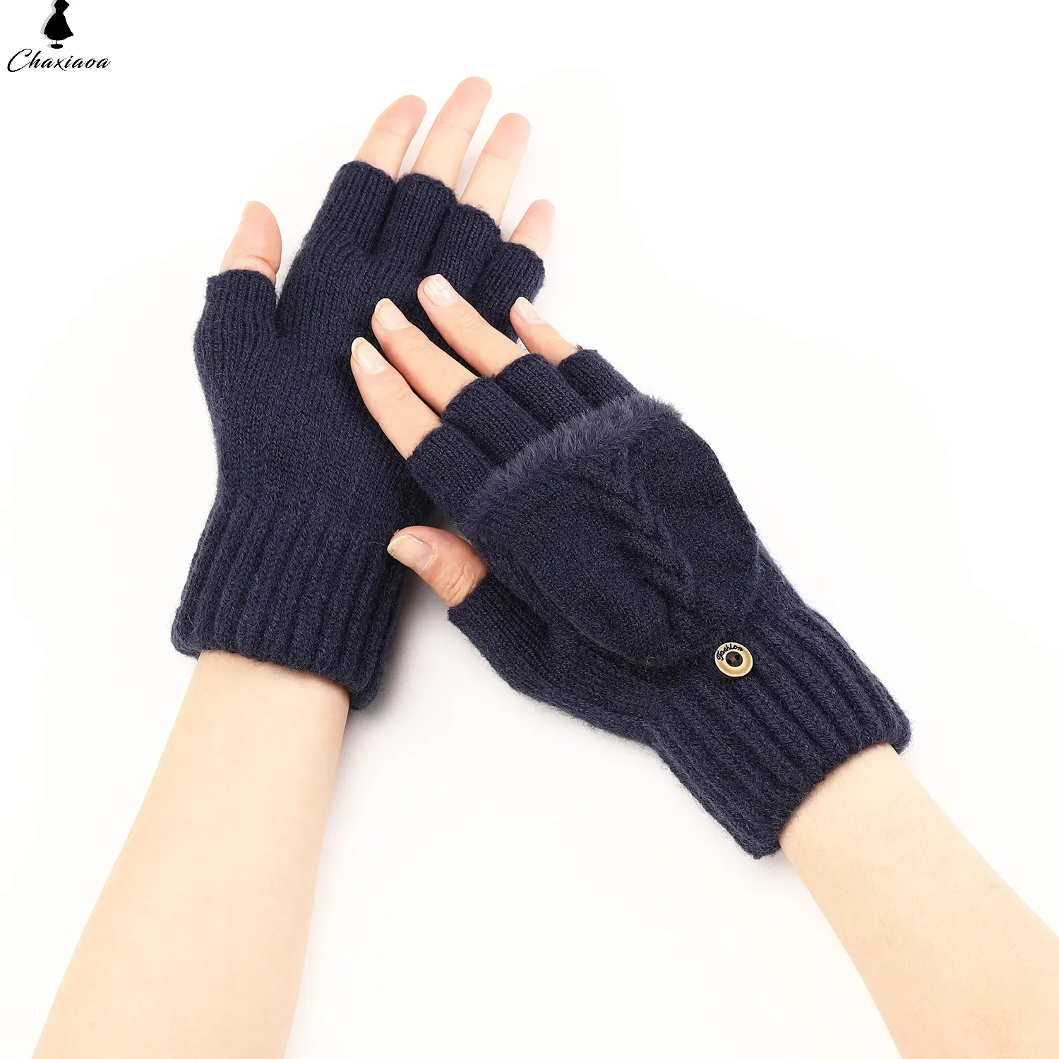 Flip Edge Burrs Knitted Half Finger Gloves, Women Flip Fingerless Exposed Finger Thick Glove Mittens Winter Warm Women Mitts