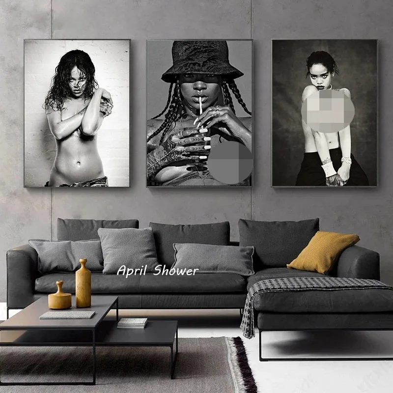 ملصقات مثيرة بالأبيض والأسود لديكور الغرف ، مغني مشهور ، فنان R-Rihannas ، لوحة قماشية ، مطبوعات ، فن جداري ، هدية للجماهير #3