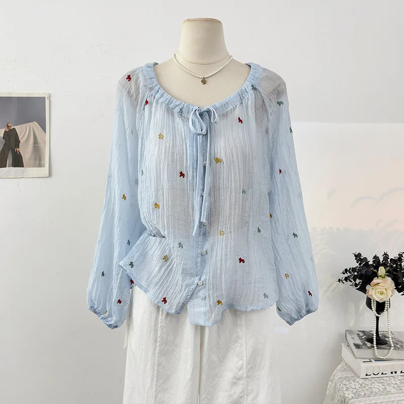 Horse Embroidery Women' Shirt 2026 Spring New Sweet Style O-neck Long Sleeve Coats Cute Cartoon Loose Semi-transparent Tops