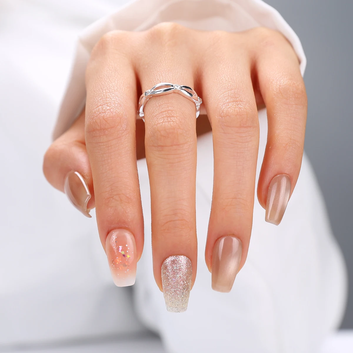 10 unidades de uñas postizas extraíbles hechas a mano, purpurina en polvo, uñas francesas minimalistas, decoración de uñas, esencial para Festival