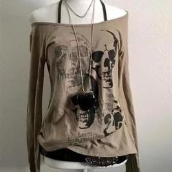 American Vintage Fake Two Pieces T-Shirt Women Streetwear Hip Hop Gothic Harajuku Grunge Y2k Crop Tops Black Skull Punk Tees