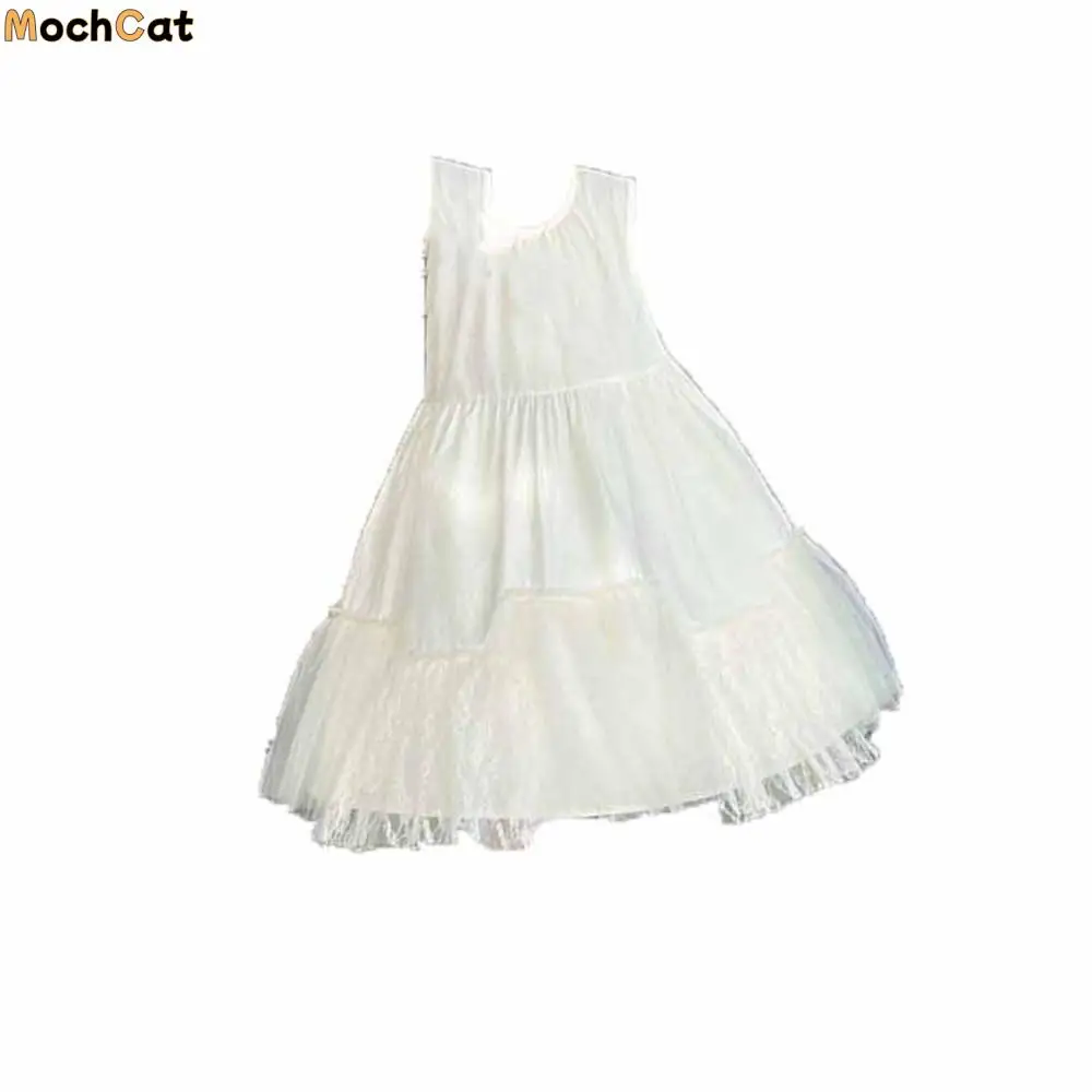 

Fashion Loose Girls Sleeveless Dress Lace Mesh Teenagers Summer Kids Dresses Pleated Sweet Children Princess Dress Students