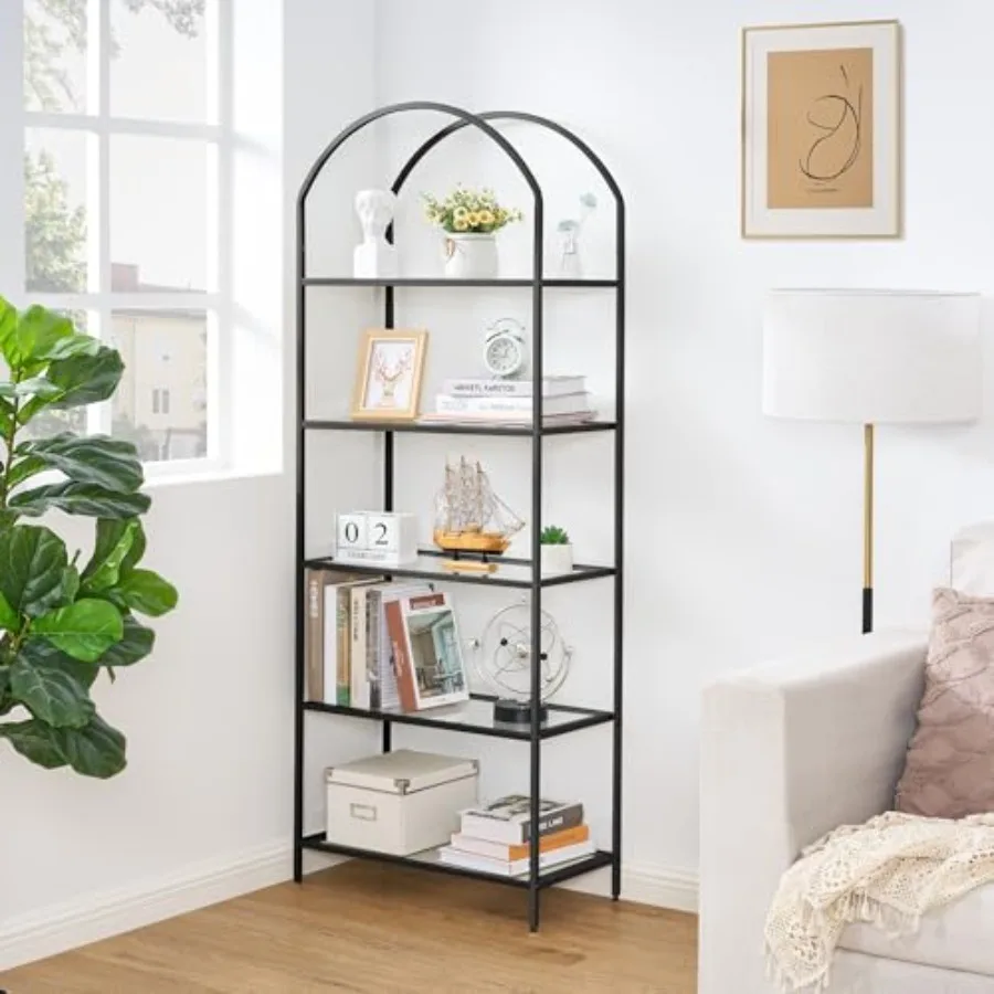 

Bookshelf Arched Display Racks, Metal Bookcase, Tempered Glass Shelves, Storage Rack Shelf for Home Office, Living Room, Bedroo