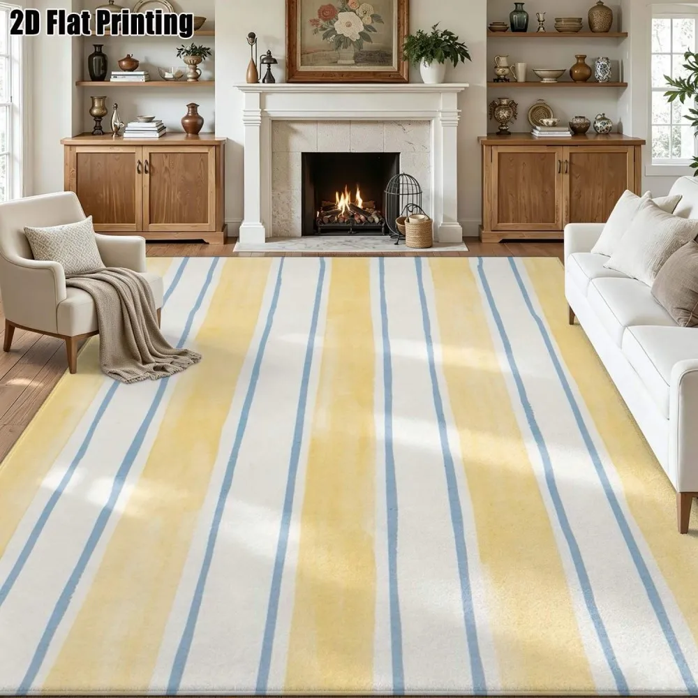 Living Room Rug Layered Gradient Blue Rectangles Printed Large Rectangular Carpet Slender Linear Maze For Fireplace Sofa Floor