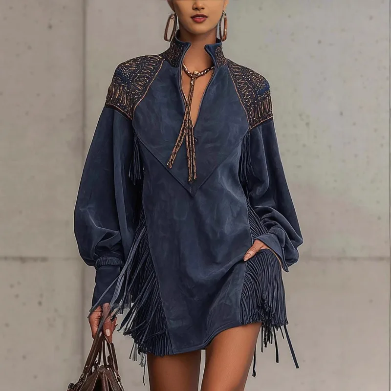 Women's Autumn Spring Dress V-neck Fringe Embroidery New Comfortable Casual Minimalist Fashionable Niche Elegant Versatile Fit