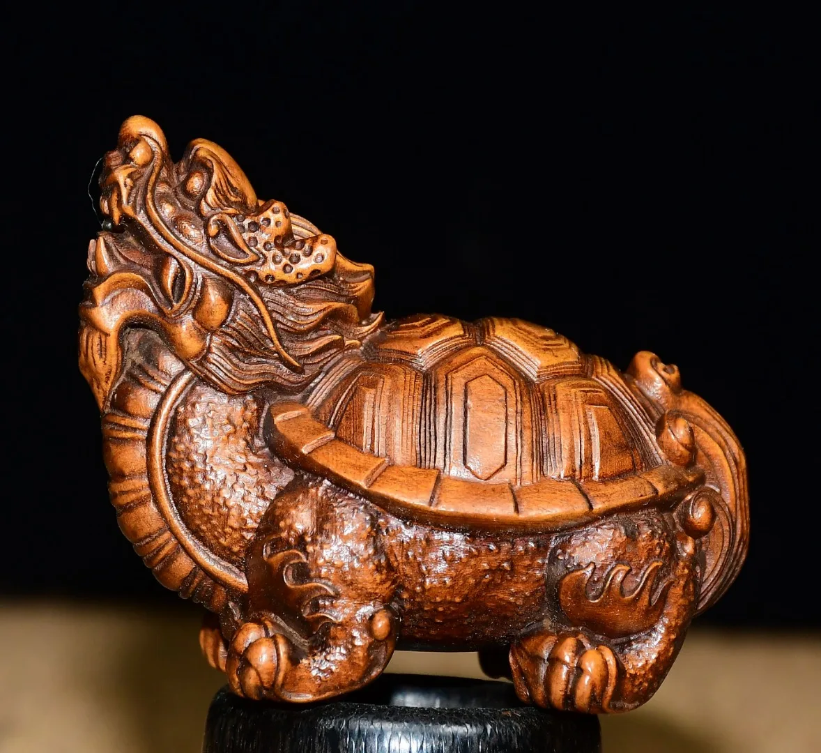 

3"Tibetan Temple Collection Old Boxwood Dragon Turtle Statue Handheld components Mythical Animals Town house
