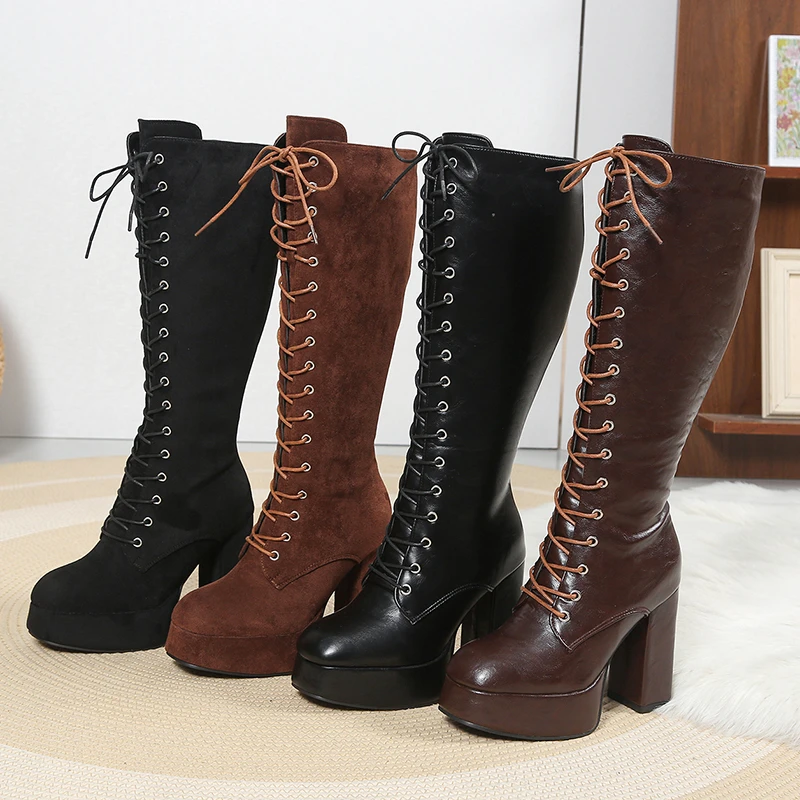 

Rome Platform Tall Boots Fashion Round Toe Suede Lace-Up Side Zip Anti-Slip Wear-Resistant Heels