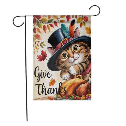 أعط شكرًا لحديقة القطط - كيتي رائعة في قبعة الحاج لتزيين ساحة الخريف JJE