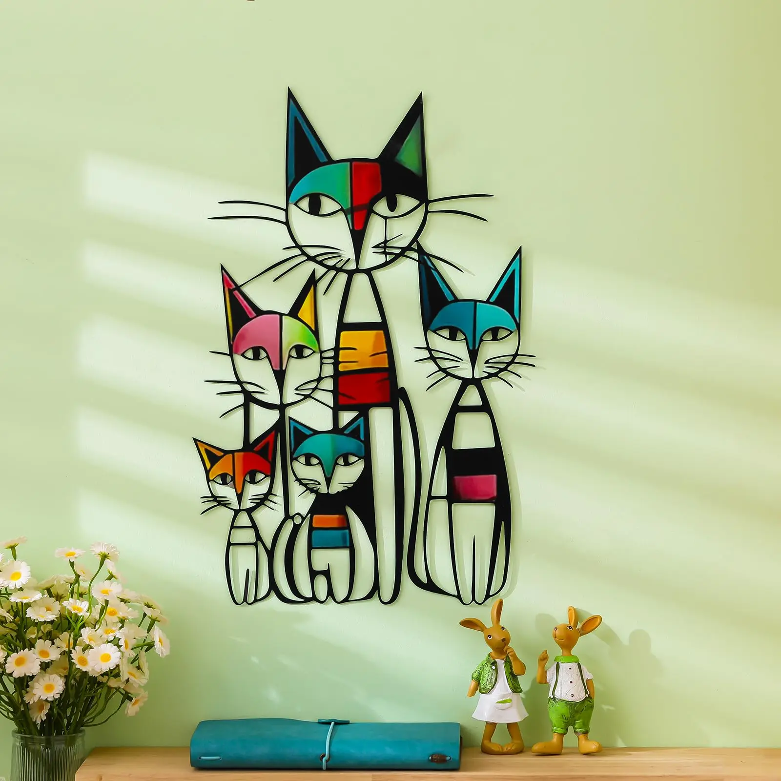 القط جدار ديكور فني الحديد جدار المنحوتات ديكور لمحبي القطط 11.8x7.8 بوصة الملونة منتصف القرن القط الرجعية علامات للمنزل