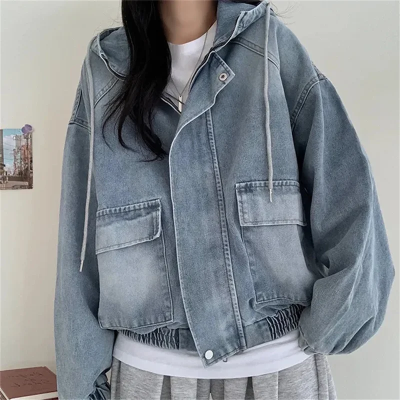 

Ретро джинсовая куртка с капюшоном, универсальная, в корейском стиле, женская, модная, весенняя верхняя одежда, из смесового хлопка, с длинными рукавами, на молнии