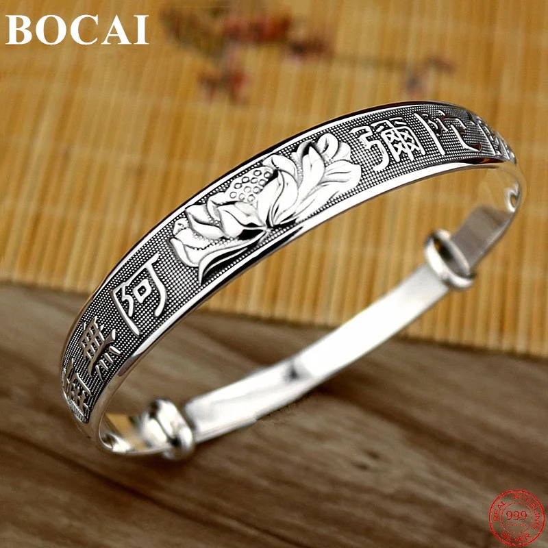 

BOCAI S999 Sterling Silver Bracelet for Women New Fashion NamoAmitabha Lotus Adjustable Amulet Bangle Jewelry Free Shipping