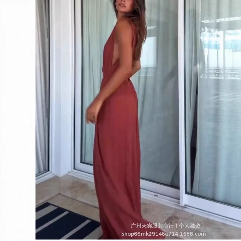 بدلة قفز طويلة مثيرة بفتحة رقبة شكل v عميقة بدلة نسائية أنيقة عالية الخصر بلون واحد موضة صيف 2026 بدلة لعب فضفاضة للحفلات