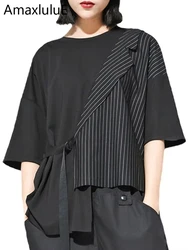 Amax luluE 2024 Summer Fashion Tees Korean Women Luxury T-shirts Ladies Loose Striped Tops Females Classic Casual Cotton Clothes