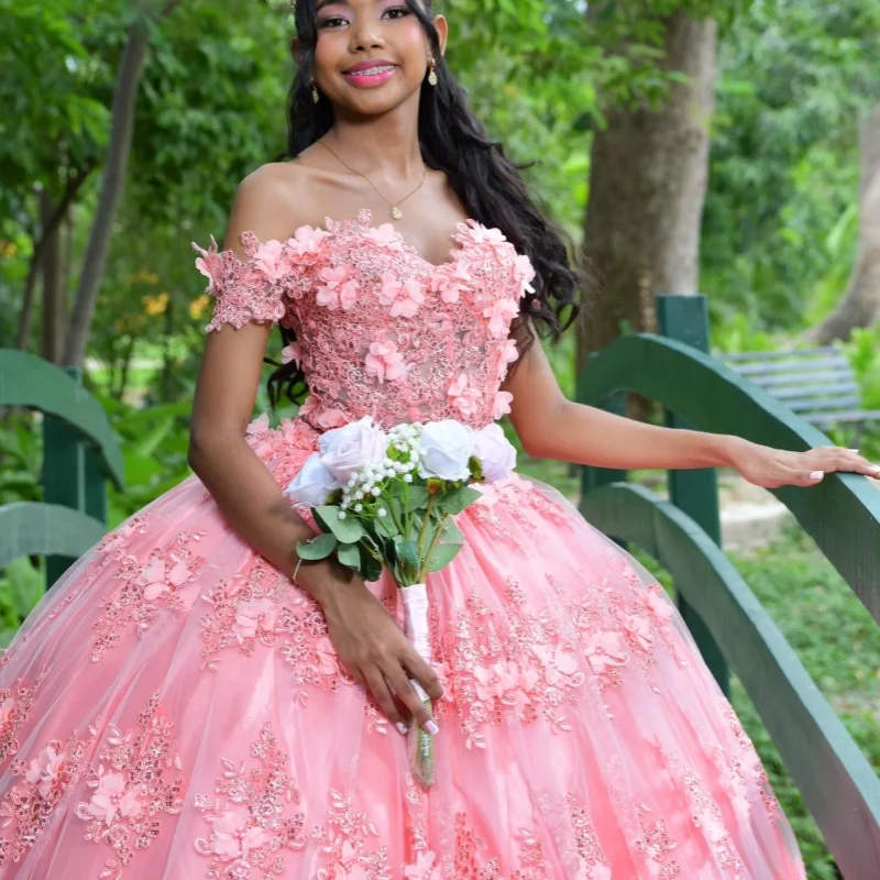 

Pink Quinceanera Dresses Off the Shoulder Crystal Decal 3D Flower Long tail Bow Vestidoe 15 Quinceanera Customize