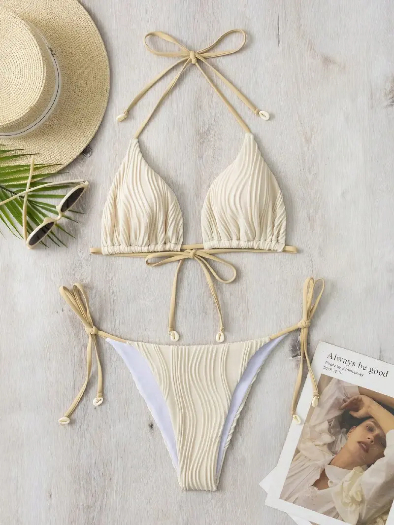 2025 جديد ضيق قطعتين مجموعة البكيني مثير المرأة الصلبة الرسن ملابس السباحة الجوف عارية الذراعين ملابس الصيف رفع الشاطئ ثوب السباحة