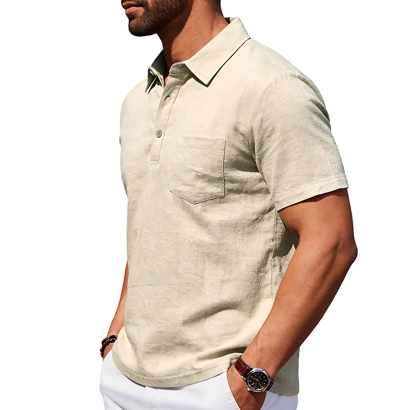 Men's Summer Linen Short-Sleeve Polo Shirt | Casual Button Placket with Chest Pocket Simple Polo Short Sleeve (Multiple Colors)